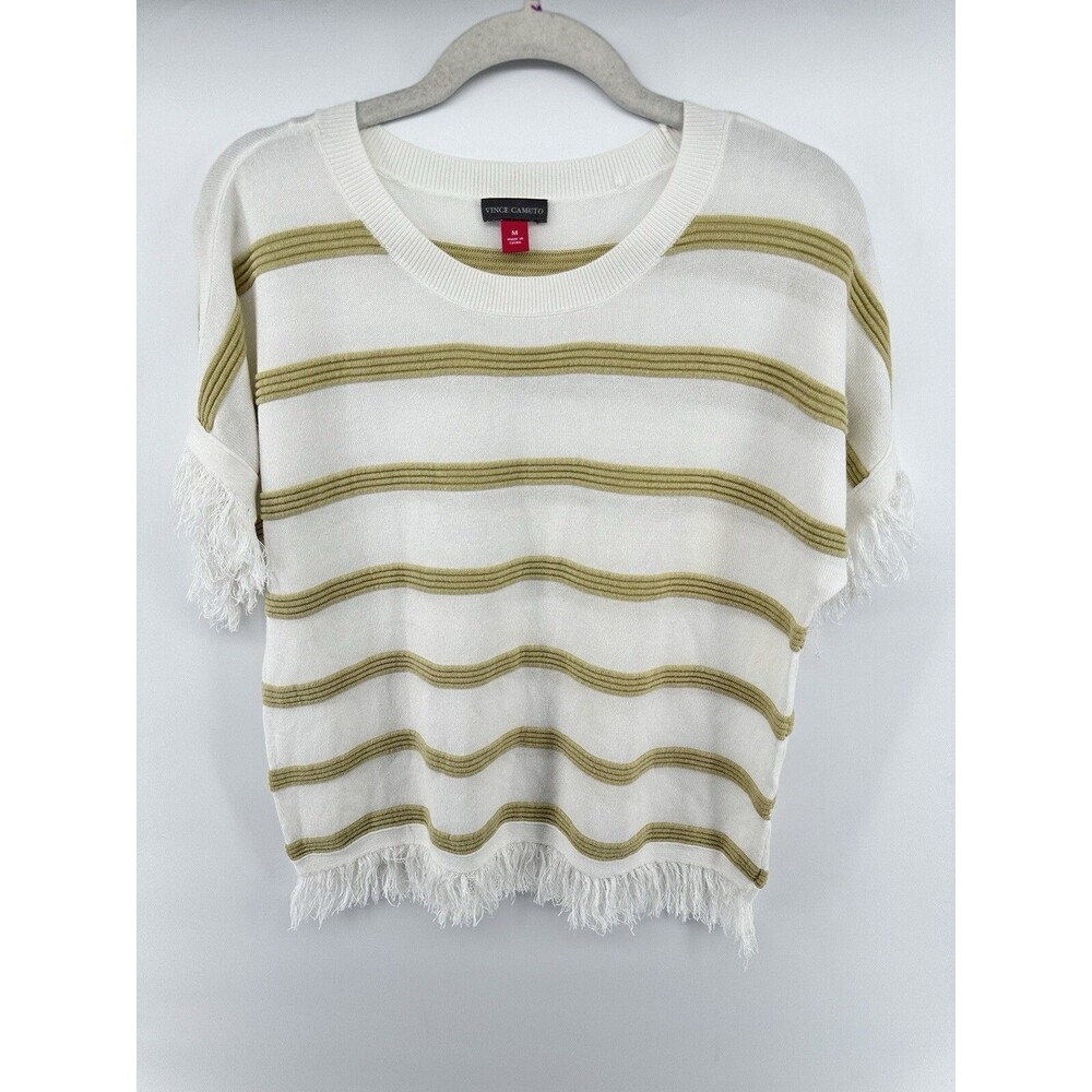 Vince Camuto Pearl Ivory Striped Fringe Trim T-shirt Blouse Size M